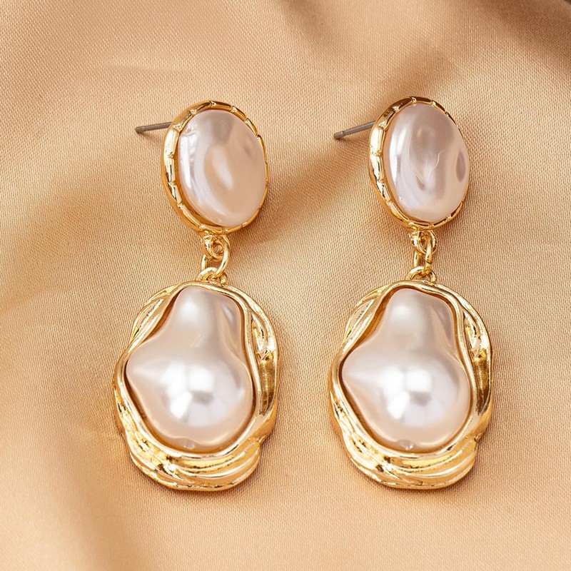 Chunky Gold Baroque Pearl Dangle Earrings for Women Vintage Pearl