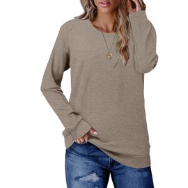 CRAZY GRID Tunic Tops for Women Solid Color Pullover Plus Size Crew Neck Long Sleeve T Shirts Khaki 3X-Large