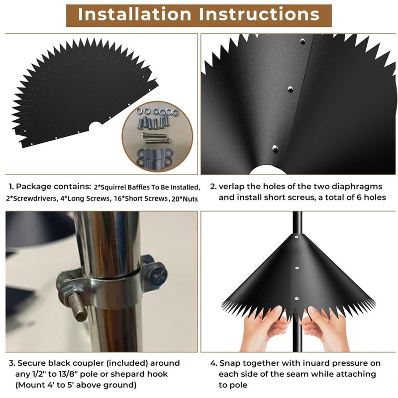 CozyCove Squirrel Baffle for Bird Feeder Pole Squirrel Proof, Spiked