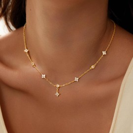 Yoosteel Easter Gifts for Womens Gold Clover Necklace - 14k Gold Plated Dainty Clover Cubic Zirconia Choker Necklace Station Pendant Necklaces for Women Trendy Wedding Prom Brides Jewelry Gift