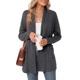 Micoson Open Front Lightweight Kimono Cardigan for Women Casual Loose Long Sleeve Cover Up with Pockets Charcoal Gray M