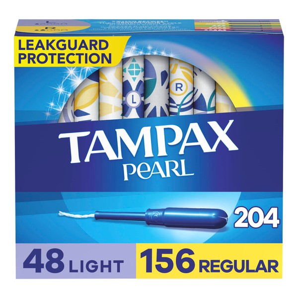 Tampax Pearl Tampons Multipack, Light/Regular Absorbency, With Leakguard Braid, Unscented, 34 Count x 6 Packs (204 Count total)
