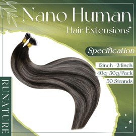 RUNATURE Nano Human Hair Extensions Black Ombre Silver Blonde Nano Hair Extensions Real Hair Black Nano Beads Hair Extension Real Human Hair Straight 14 Inch 50 Gram