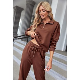 ELESOL Womens Sweatsuits Sets Fall Outfits Sweat Suits Solid Color 2Pc Tracksuit Jogger Pants Brown M