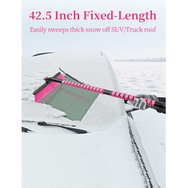 HEEYA 42.5 Inch Car Scraper Snow Brush, 12.6 Inch Large Brush Head with Ice Scraper for Window Windshield, Portable Snow Scraper for SUV Truck Vehicle Jeep RV Auto - Pink
