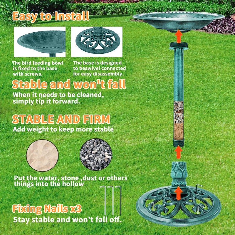 Bird Bath with Solar Fountain, 24 Inch Height Green Birdbath