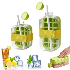 Ice Cube Bottle (17/28 Oz), 2-in-1 Touch-Free Ice Cube Water Bottle with Lid and Bin, Easy Press to Release Vertical Ice Cube Tray for Freezer (Green,2pcs)