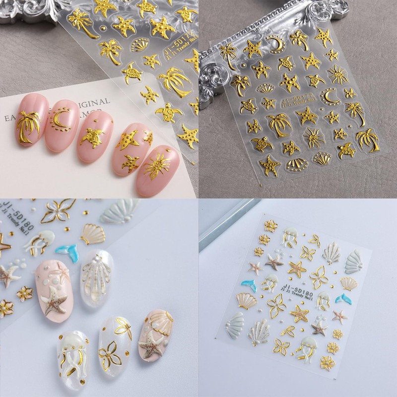 2 Sheets 5D Embossed Summer Nail Stickers for Nail Art