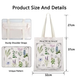 POFULL Women TV Show Inspired Gift Salt Rosemary Lavender Lover Shoulder Bag Practical Magic Flower Herb Chart Tote Bag (PRACTICAL MAGIC CA)