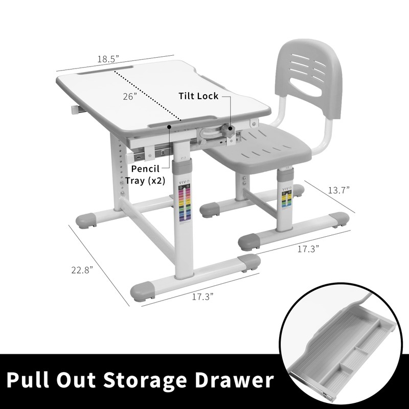 VIVO Gray Height Adjustable Childrens Desk and Chair Set |