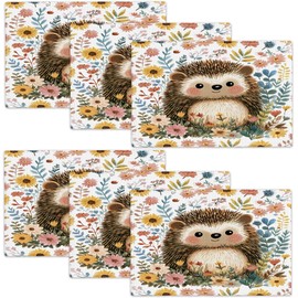 Cute Hedgehog Placemats Set of 6, 12x18 Inch Spring Flower Table Place Mat Animal Washable Non-Slip Heat Resistant Fabric Placement Mats for Dining Kitchen Indoor Outdoor Decor