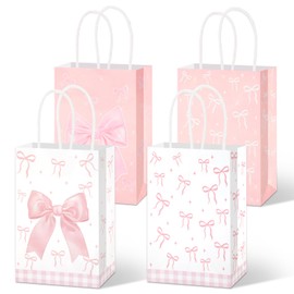 24Pcs Pink Bow Party Favor Bags, Cute Paper Bow Themed Goodie Bags with Handle, Treat Candy Snack Bag for Bridal Engagement Wedding Birthday Party Supplies