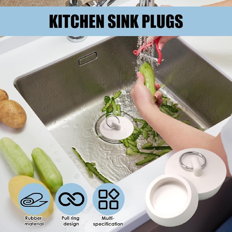 4Pcs Universal Sink Plug, White Rubber Bath Plug, Kitchen Sink