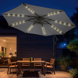 wikiwiki 10ft Solar LED Offset Hanging Market Cantilever Patio Umbrella for Backyard, Poolside, Lawn and Garden, Easy Tilt Adjustment, Polyester Shade & Cross Base, Dark Gray