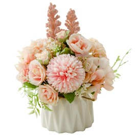 Magicwolf Juego de Flores Artificiales con jarrón de cerámica pequeño, Ramo de hortensias de Rosas, arreglos de Flores Falsas, Decoraciones para Bodas, Oficina, Mesa, hogar, Fiesta (Rosa