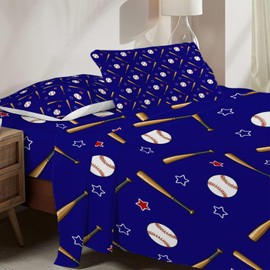 Allenjoy Baseball Ball Bat Sports Games Sheets Set with Fitted Sheet, Flat Sheet and 1 Pillowcase for Men Boys Teens Fans Son Bedding Bedroom Decor, Twin Size