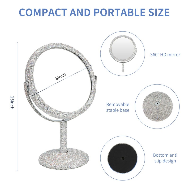 KEYPOWER Bling Rhinestone Makeup Vanity Mirror Round with Stand Double