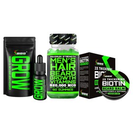 Beard Growth Kit for Men w/ 2X Thickening Biotin Beard Balm for Men & Mustache Wax + GROW XXL Mustache Serum + Maximum Strength 620,000mcg Biotin Hair Growth Vitamins - Formulated in the USA