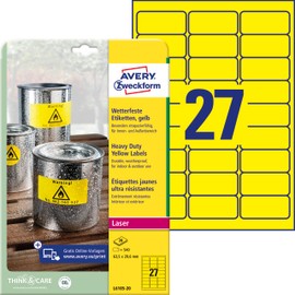 AVERY Zweckform L6105-20 Wetterfeste Folienetiketten (540 Signalaufkleber, 63,5x29,6mm auf A4, extrem stark selbstklebend, wasserfest, strapazierfähig, bedruckbare Outdoor Klebefolie) 20 Blatt, gelb