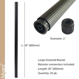 Myard 26 Inches Grooved Large Hollow O.D 1" Round Aluminum Deck Balusters for Deck Railing Porch with Connectors and Screws (25-Pack, Matte Black)