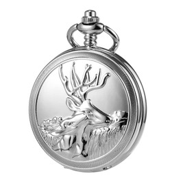 TREEWETO Men's Deer Reindeer Silver Full Hunter Case Pocket Watch