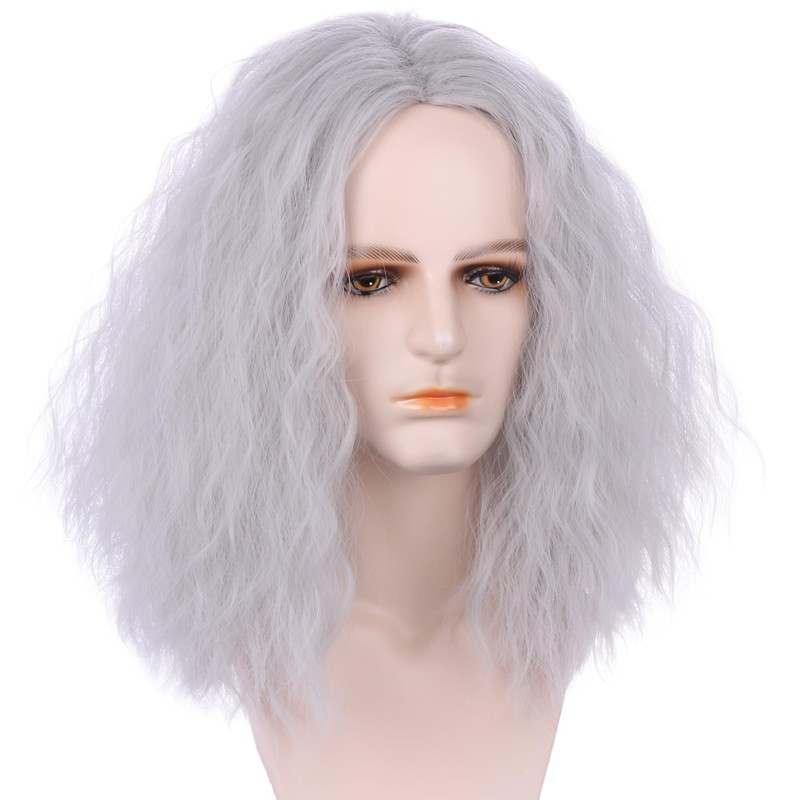 Boys Grey Fluffy Wigs Long Silver Gray Wavy Curly Wigs