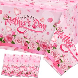 Happy Mothers Day Decorations Tablecloth 4 Pack Large Rectangle Pink Rose Mothers Day Table Covers for Mothers Day Outdoor Party Disposable Waterproof Plastic Tablecloth