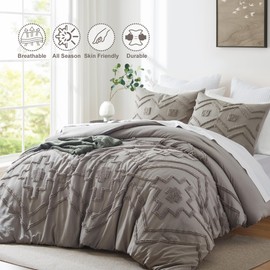 Oli Anderson Boho Tufted Comforter Set King Size, 3 Pcs Soft Jacquard Bedding Set for All Seasons, Shabby Chic Farmhouse Bedding Set with Comforters for All Seasons (Grey, King)