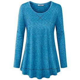Cestyle Blue Workout Tops for Women, Long Sleeve Workout Shirts for Women Round Neck Loose Fit Yoga Tops to Wear with Yoga Leggings L