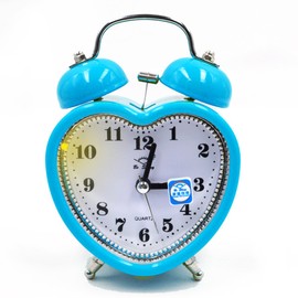 Monique Students Seniors 3in Twin Bell Loud Alarm Clock Silent Analog Quartz Nightlight Clock Battery Operated for Heavy Sleepers Heart Shape Blue