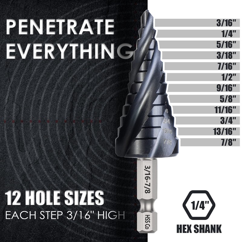 Matework M35 Cobalt Step Drill Bit, Four Spiral Flute Unibit