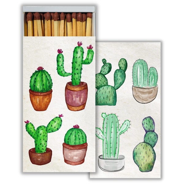 Watercolor Cacti Decorative Matchboxes with Wooden Matches - Great for Lighting Candles, Fireplaces, Grills and More | Set of 2