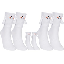 COZYMATE Hand Holding Socks Magnet Funny Novelty Socks that Hold Hands for Couples Family Parent-Child Valentine Gag Gift (US, Alpha, One Size, Regular, Regular, White-Adults(2Pairs)+Kid(1Pair-S)