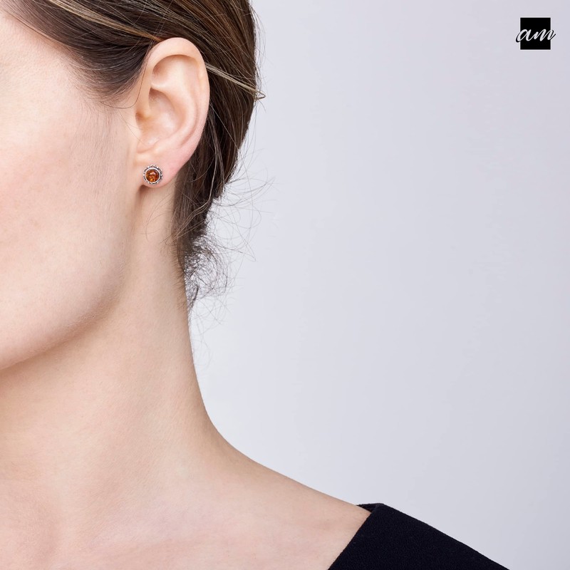 Amberta 925 Sterling Silver with Baltic Amber - Stud Round