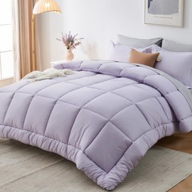 Sasttie Queen Comforter Set, 7 Pieces Bed in a Bag Queen, Complete Bedding Set Includes Comforter, Flat Sheet, Fitted Sheet, Pillowcases and Pillow Shams, Purple & Light Grey