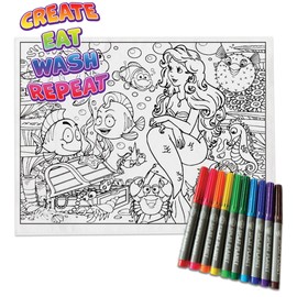 Splat Planet Color in Mermaid Sea Life Cotton Toddler Placemat with 10 Non-Toxic Washable Magic Pens - Colouring and Washing Out