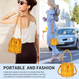 JQAliMOVV Mini Leather Bucket Bags for Women Drawstring Bucket Purse Crossbody Handbags Hobo Bag (Yellow)