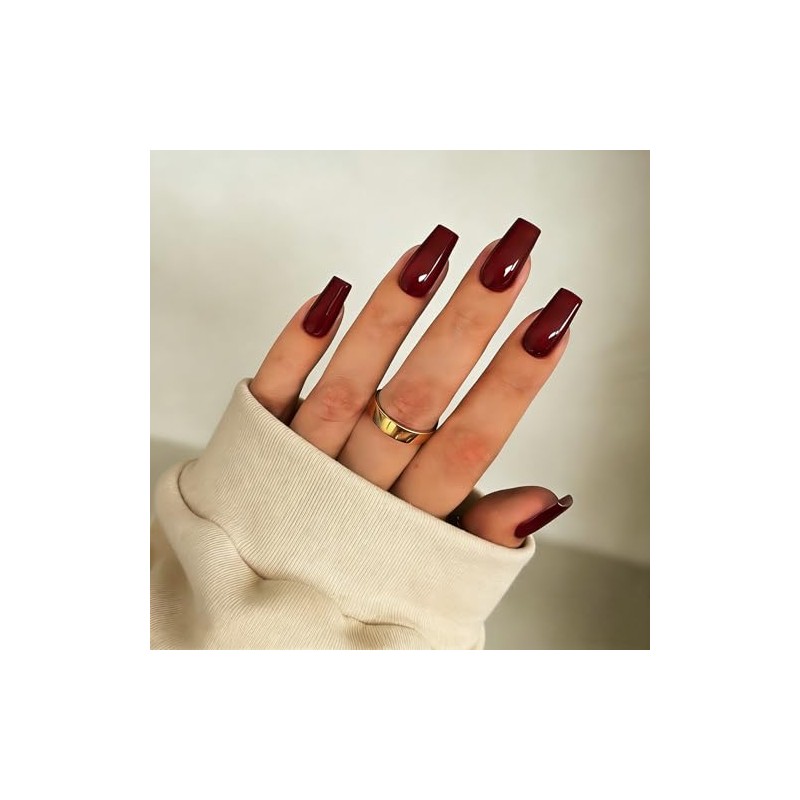 SXVME Uñas postizas cuadradas largas en rojo burdeos con pegamento