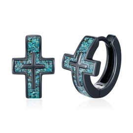 TwoAnts Cross Hoop Earrings 925 Sterling Silver Small Black Huggie Earrings Turquoise Earrings Christian Jewelry Gifts for Women Men