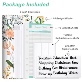 Hnogri Budget Binder with Zipper Envelopes, A6 Money Saving Binder Cash Envelopes for Budgeting, PU Leather Budget Planner Money Organiser for Cash Bills, Floral Budget Wallet for Women