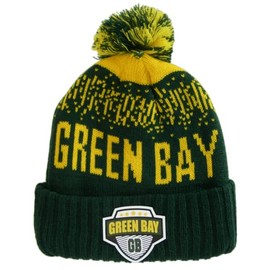 Green Bay City Name Rubber Patch Ribbed Winter Knit Pom Beanie (Gold/Green)