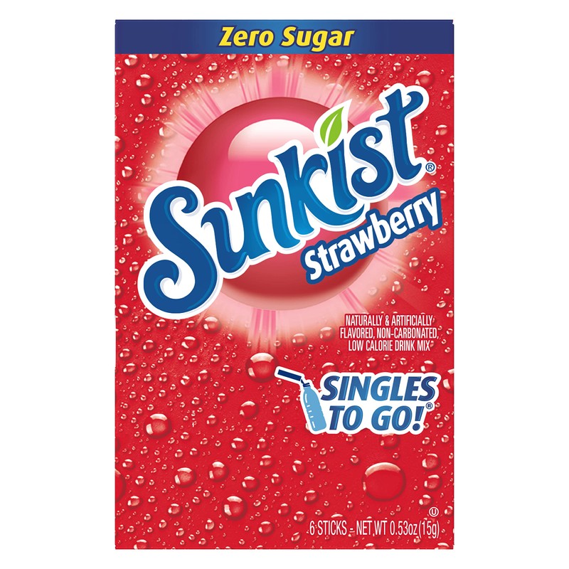 Sunkist Singles-To-Go Drink Mix, Strawberry, Non-Carbonated, Low-Calorie, Zero Sugar, 6