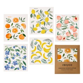 Recyco Cellulose Dish Towel Cloth, Set of 5, Kitchen Cloth, 6.7 x 7.5 inches (17 x 19 cm), Natural Fiber, Wipe Odor, Sponge Wipe, Fruit, Absorbent, Quick Drying, Durable, Placemat, Kitchen Towel,