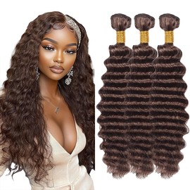 Dokksiiia Color #4 Dark Brown Deep Wave Bundles Human Hair Color 4 Chocolate Brown Deep Curly Bundles Double Weft Brazilian Human Hair Extensions No Tangle for Black Women 18 20 22 Inch
