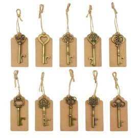 Key Bottle Openers - Pack of 50 Key Bottle Openers with Kraft Paper Gift Tags and String for Wedding Favours Antique Rustic Party Decoration, Bronze