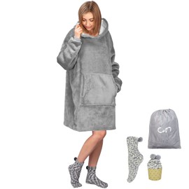 Oversized Blanket Hoodie Sweater Blanket for Women - Snuggle Hoodie Blanket with Large Front Pocket - Soft, Thick, Fluffy & Cozy Wearable Hooded Blanket - One Size Fits All - Matching Socks Included