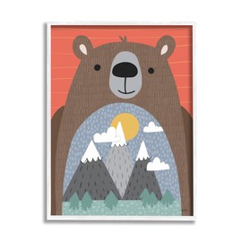 Stupell Industries Happy Brown Bear Mountain Range Landscape Belly, Designed by Kyra White Framed Wall Art, 11 x 14