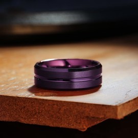 King Will 8mm Mens Tungsten Carbide Rings, Classic Wedding Bands Purple Groove Center Matte Brushed Surface Beveled Edge Size 10.5