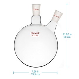 StonyLab Glass 2 Neck Round Bottom Flask RBF, with 24/40 Center and Side Standard Taper Outer Joint (3000ml)