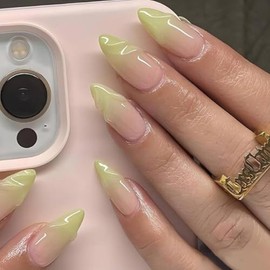 Hkanlre Uñas Postizas Verdes Almendradas, Cobertura Completa, Estilo Francés Medio, Con Degradado, Para Mujer, 24 Unidades